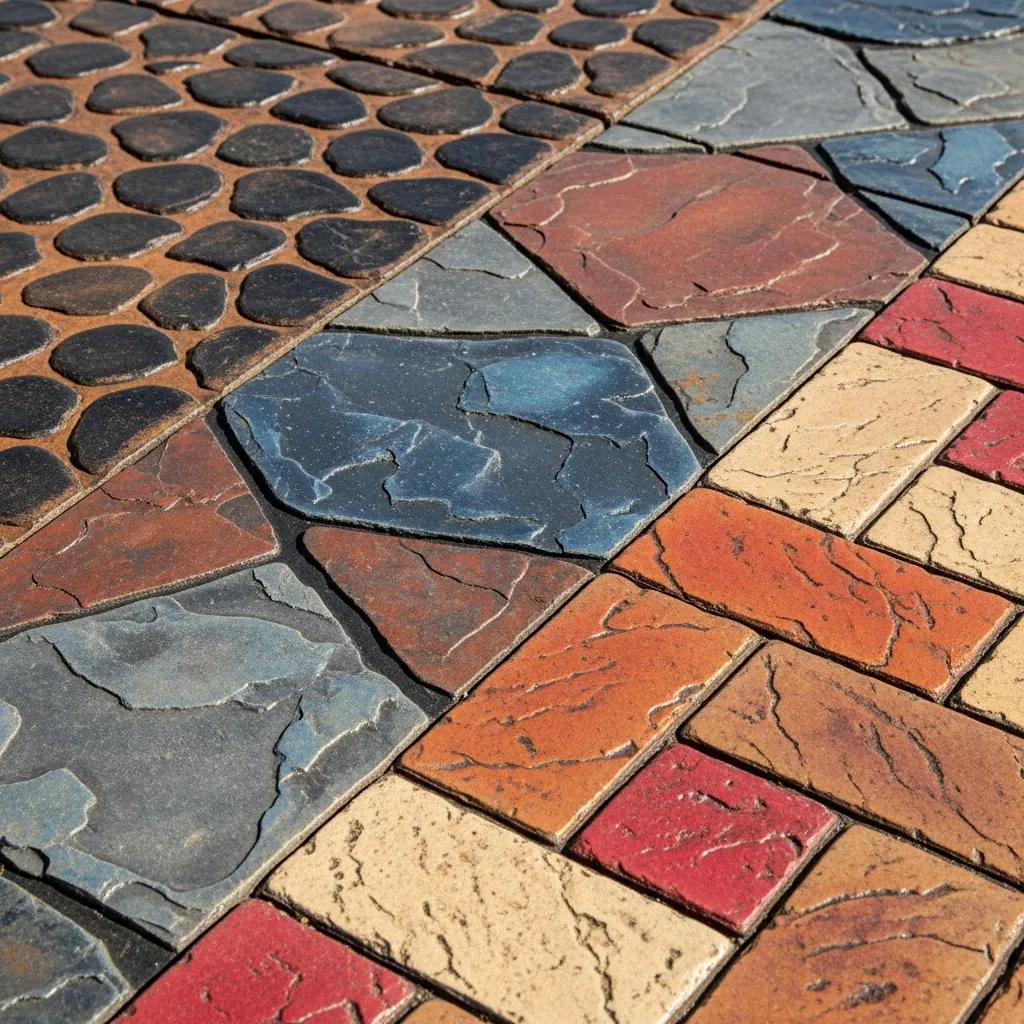 Close-up of popular stamped concrete patterns and colors in Joplin, highlighting design variety