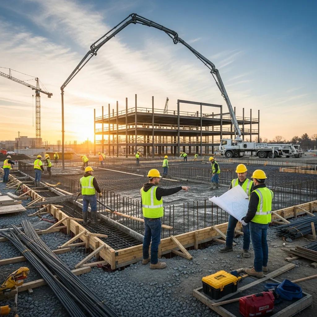 Construction site with commercial concrete foundations being laid, highlighting professional installation