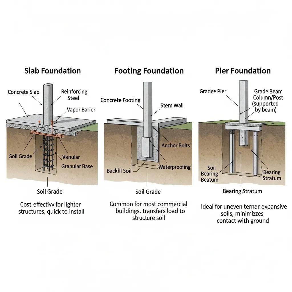 Illustration of slab, footing, and pier foundations used in commercial construction