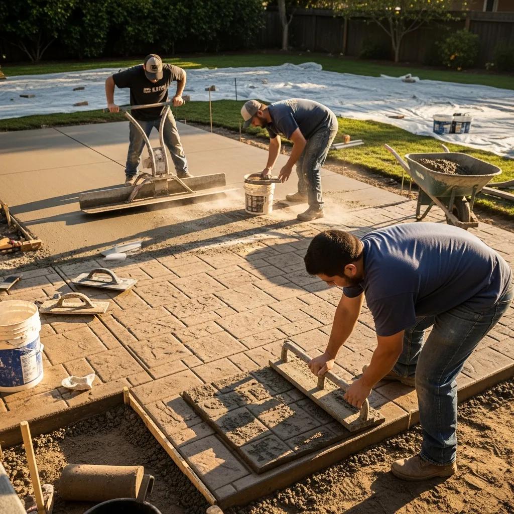 Professionals installing stamped concrete, highlighting the installation process and craftsmanship