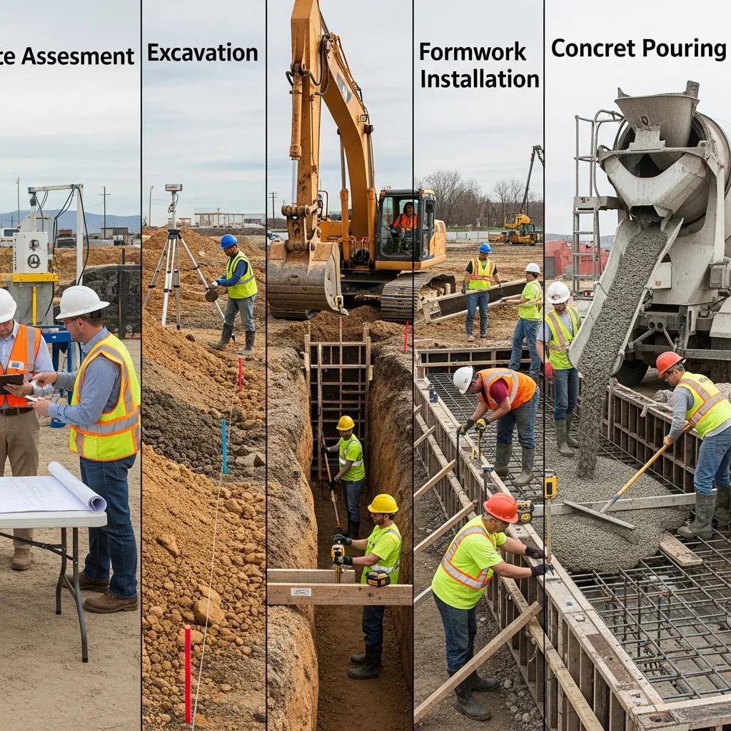 Stages of commercial concrete foundation installation process, showcasing teamwork and precision
