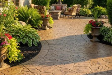 Stamped concrete patio in Joplin, showcasing intricate patterns and vibrant colors