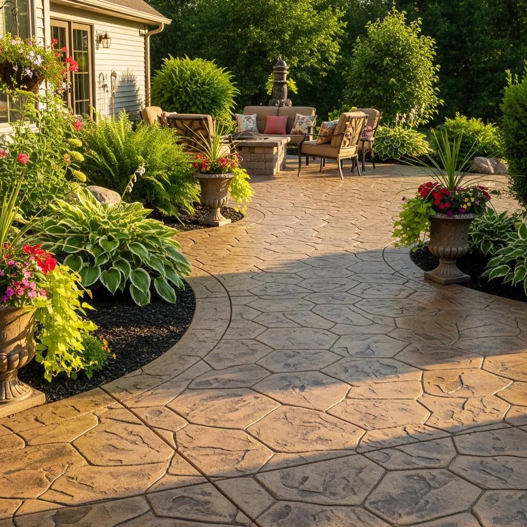 Stamped concrete patio in Joplin, showcasing intricate patterns and vibrant colors